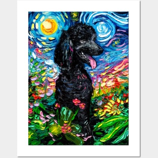 Black Poodle Starry Night with Flowers Posters and Art